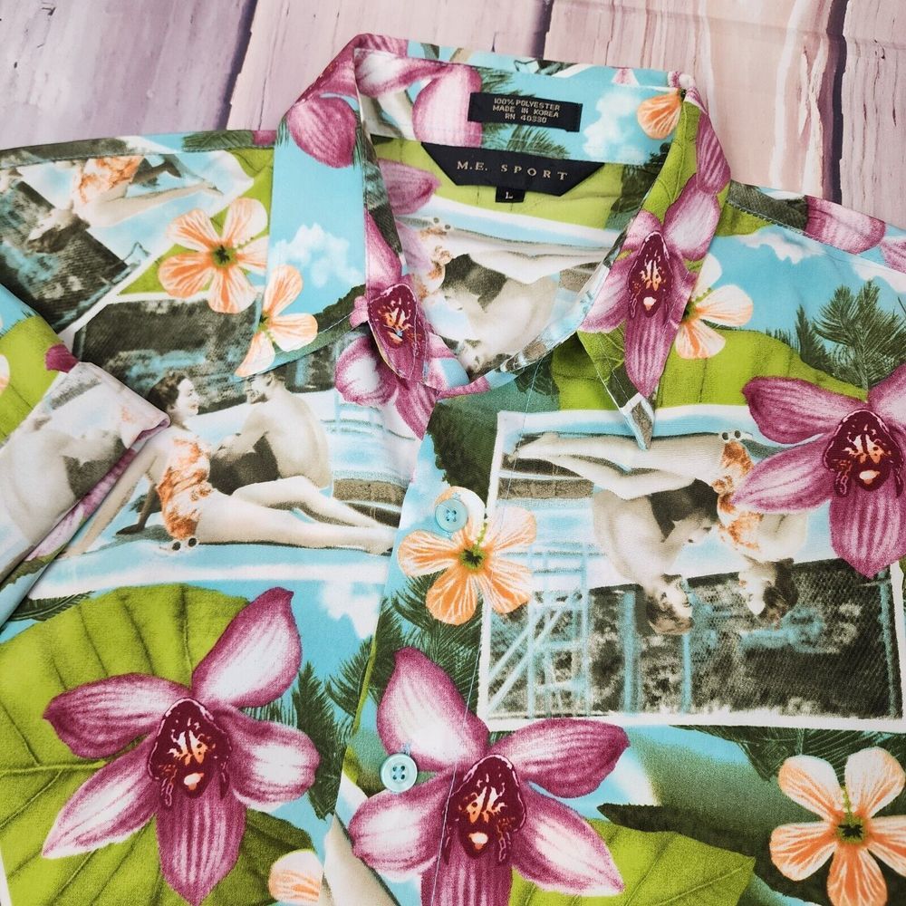 M.E. SPORT Men's L Hawaiian Short Sleeve Shirt Flowers &‎ People in Swimsuits